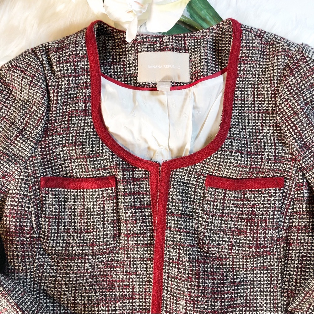 Banana Republic Red Piped Tweed Jacket Deep Garnet - Picture 4 of 8